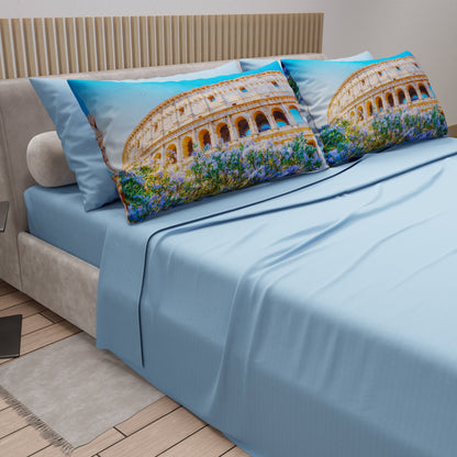 Lenzuola in Cotone, Completo Letto con Federe in Stampa Digitale Roma02 Celeste