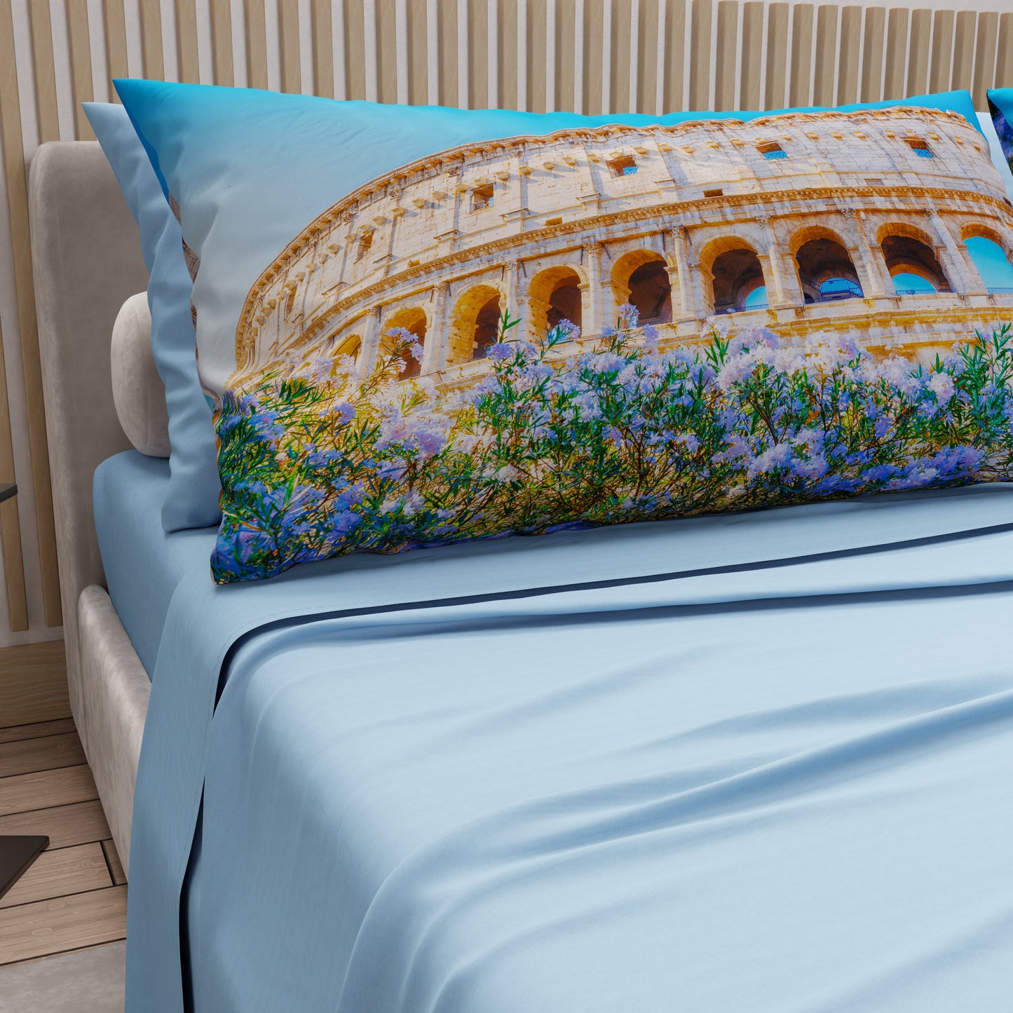 Lenzuola in Cotone, Completo Letto con Federe in Stampa Digitale Roma02 Celeste