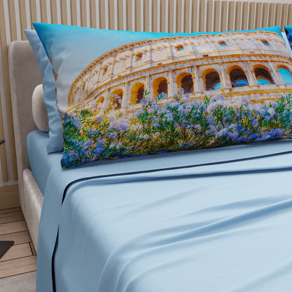 Lenzuola in Cotone, Completo Letto con Federe in Stampa Digitale Roma02 Celeste