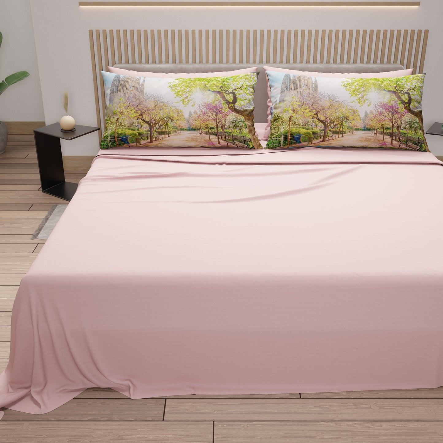 Lenzuola in Cotone, Completo Letto con Federe in Stampa Digitale Spagna Cipria Chiaro