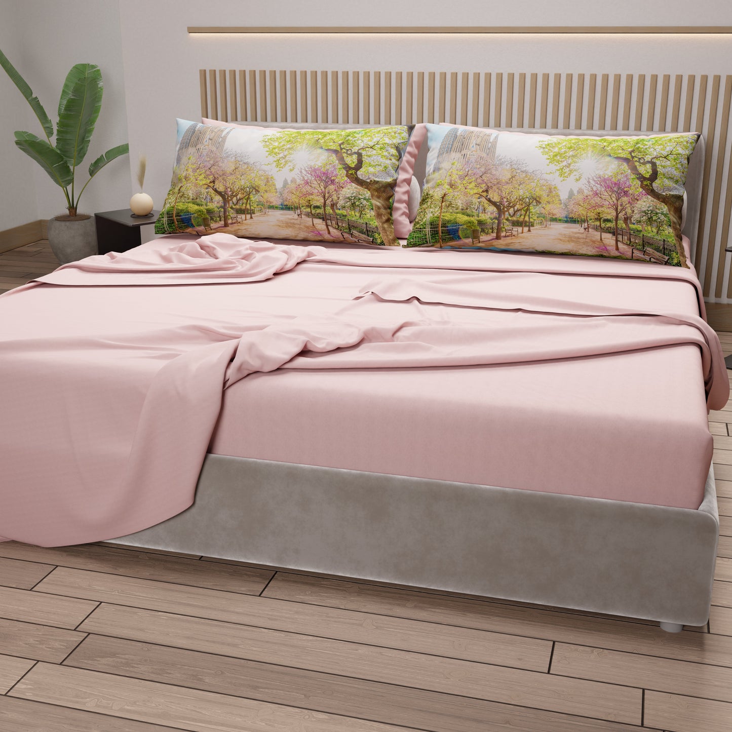 Lenzuola in Cotone, Completo Letto con Federe in Stampa Digitale Spagna Cipria Chiaro