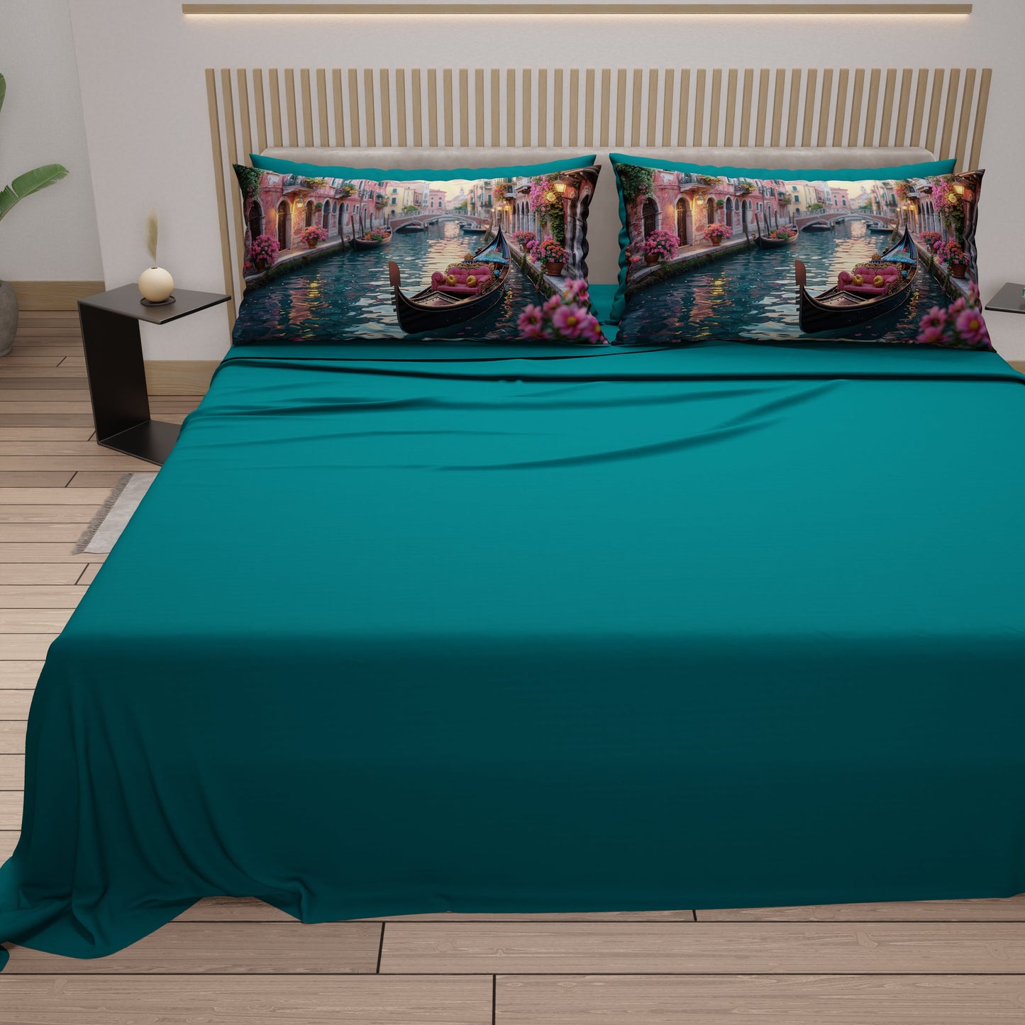Lenzuola in Cotone, Completo Letto con Federe in Stampa Digitale Venezia Ottanio