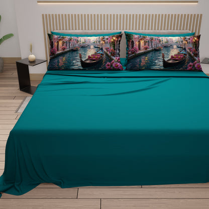 Lenzuola in Cotone, Completo Letto con Federe in Stampa Digitale Venezia Ottanio