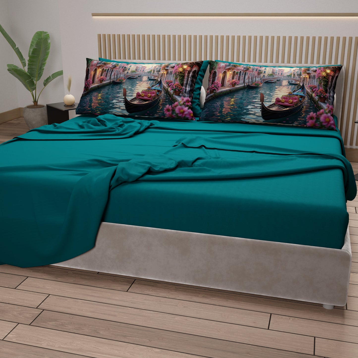 Lenzuola in Cotone, Completo Letto con Federe in Stampa Digitale Venezia Ottanio