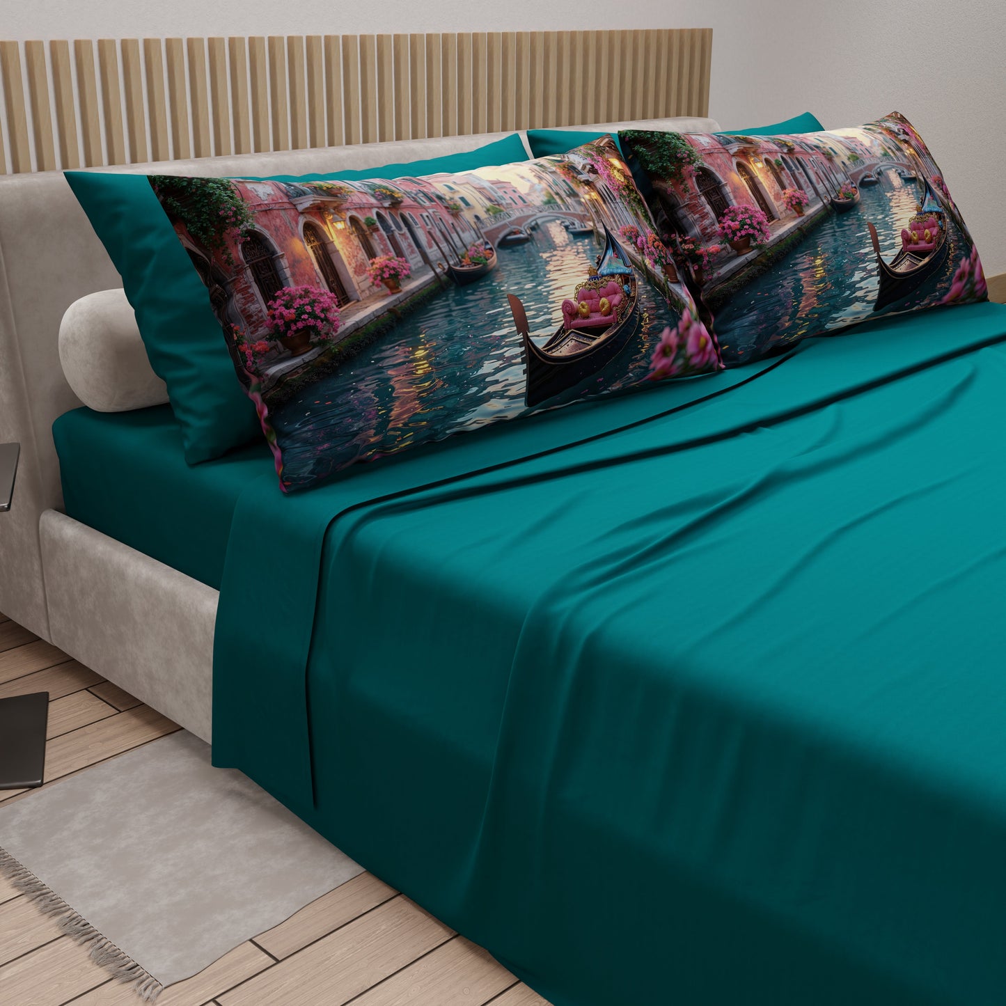 Lenzuola in Cotone, Completo Letto con Federe in Stampa Digitale Venezia Ottanio