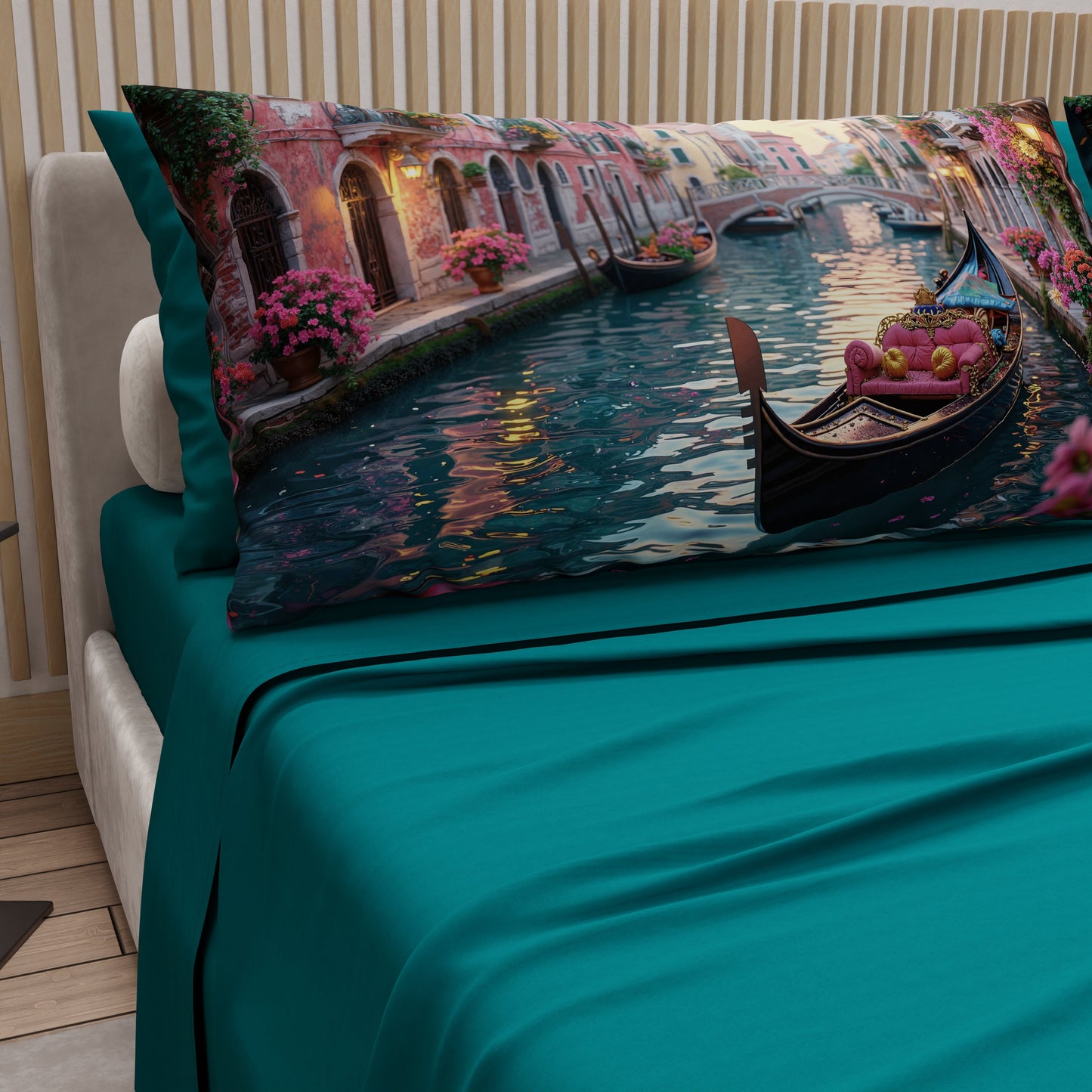 Lenzuola in Cotone, Completo Letto con Federe in Stampa Digitale Venezia Ottanio