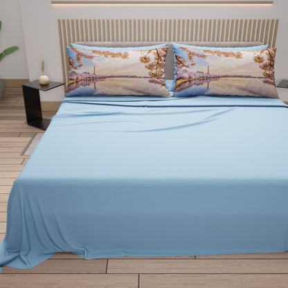 Lenzuola in Cotone, Completo Letto con Federe in Stampa Digitale Washington Celeste