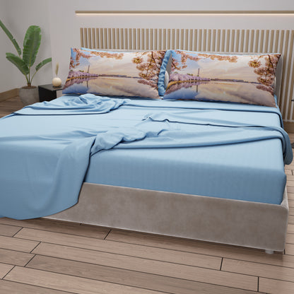 Lenzuola in Cotone, Completo Letto con Federe in Stampa Digitale Washington Celeste