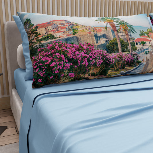 Lenzuola in Cotone, Completo Letto con Federe in Stampa Digitale Croazia Azzurro