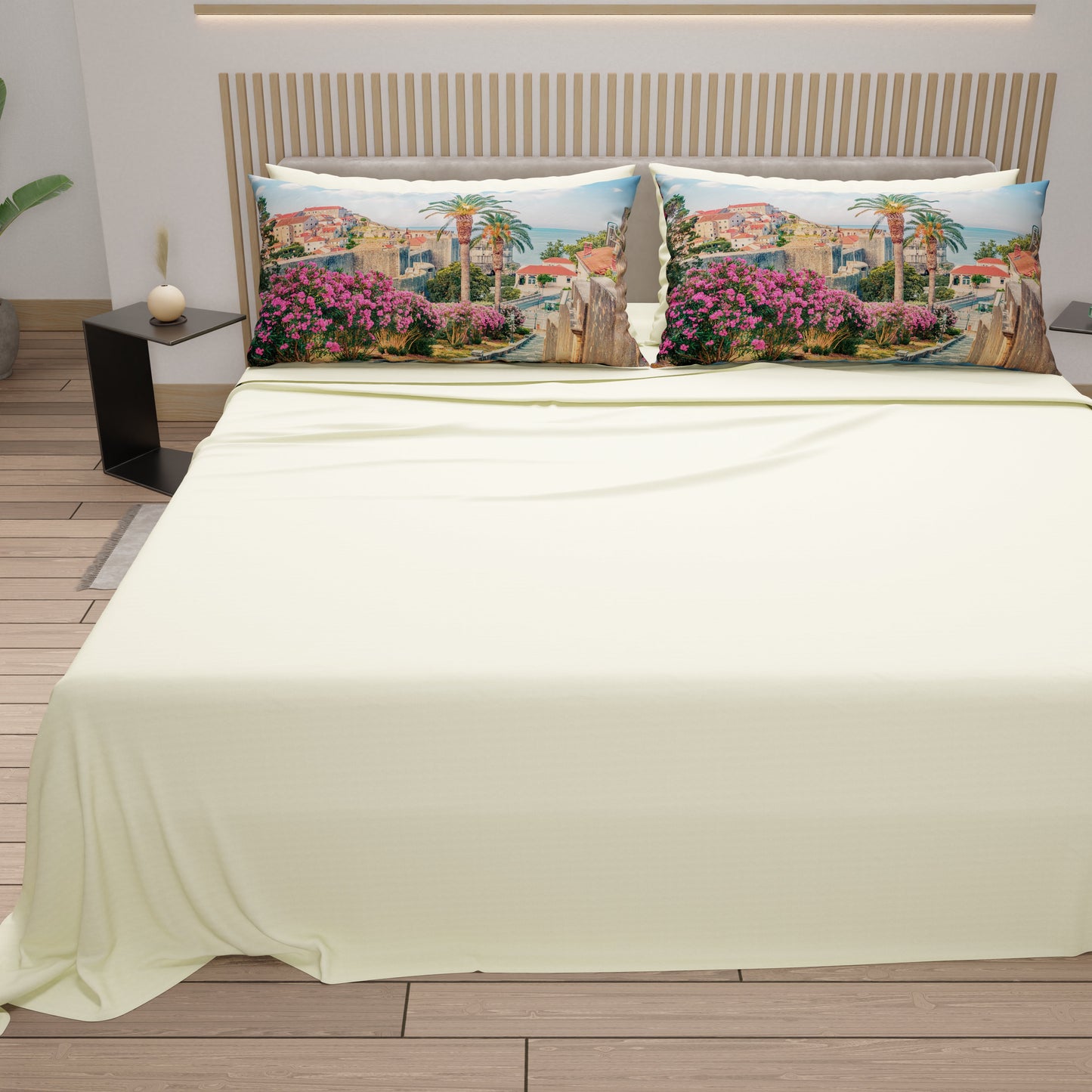 Lenzuola in Cotone, Completo Letto con Federe in Stampa Digitale Croazia Panna