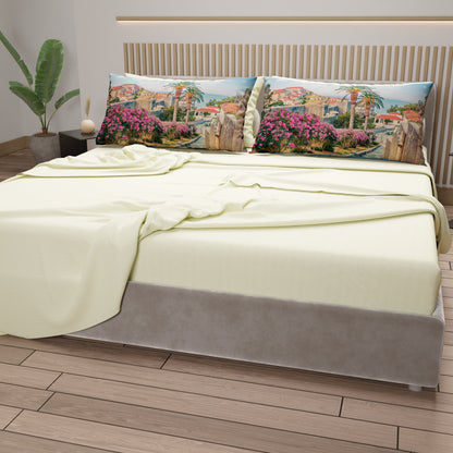 Lenzuola in Cotone, Completo Letto con Federe in Stampa Digitale Croazia Panna