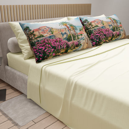 Lenzuola in Cotone, Completo Letto con Federe in Stampa Digitale Croazia Panna