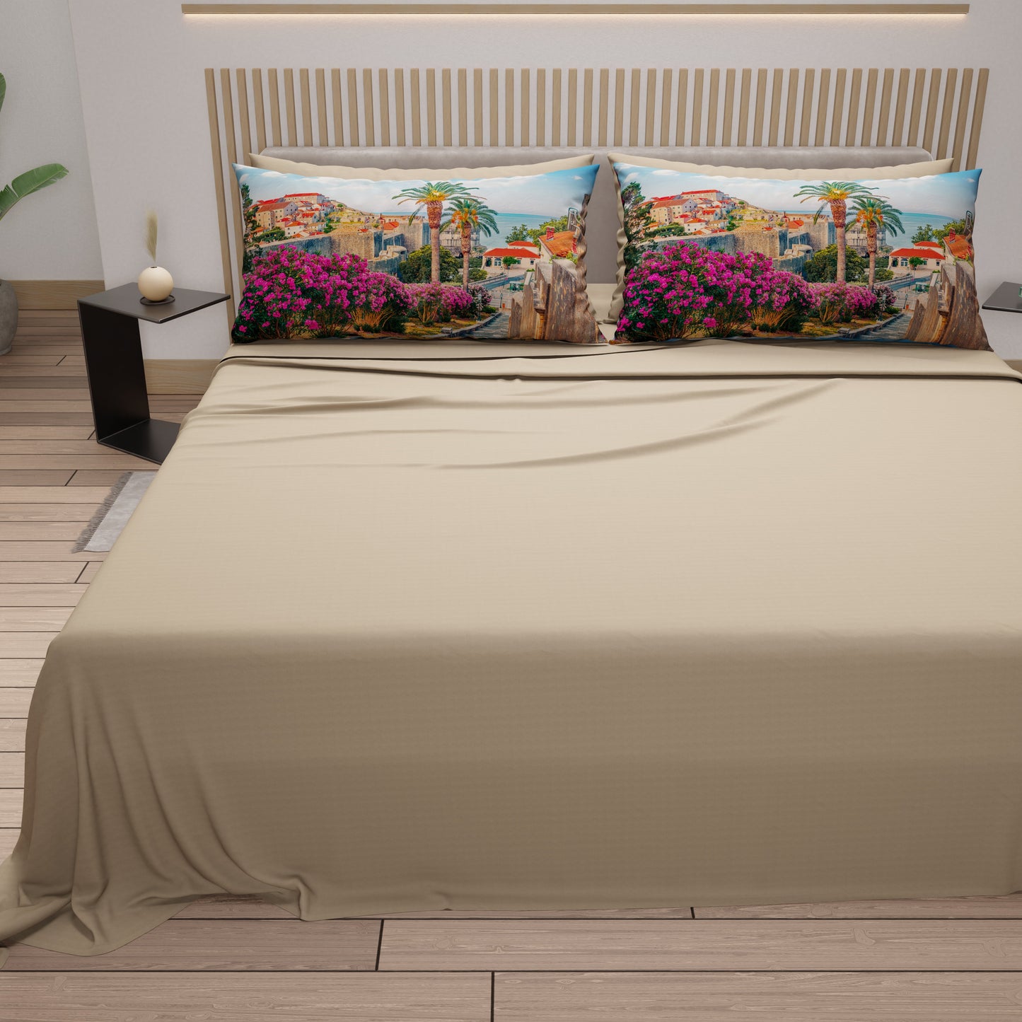 Lenzuola in Cotone, Completo Letto con Federe in Stampa Digitale Croazia Beige