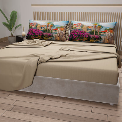 Lenzuola in Cotone, Completo Letto con Federe in Stampa Digitale Croazia Beige