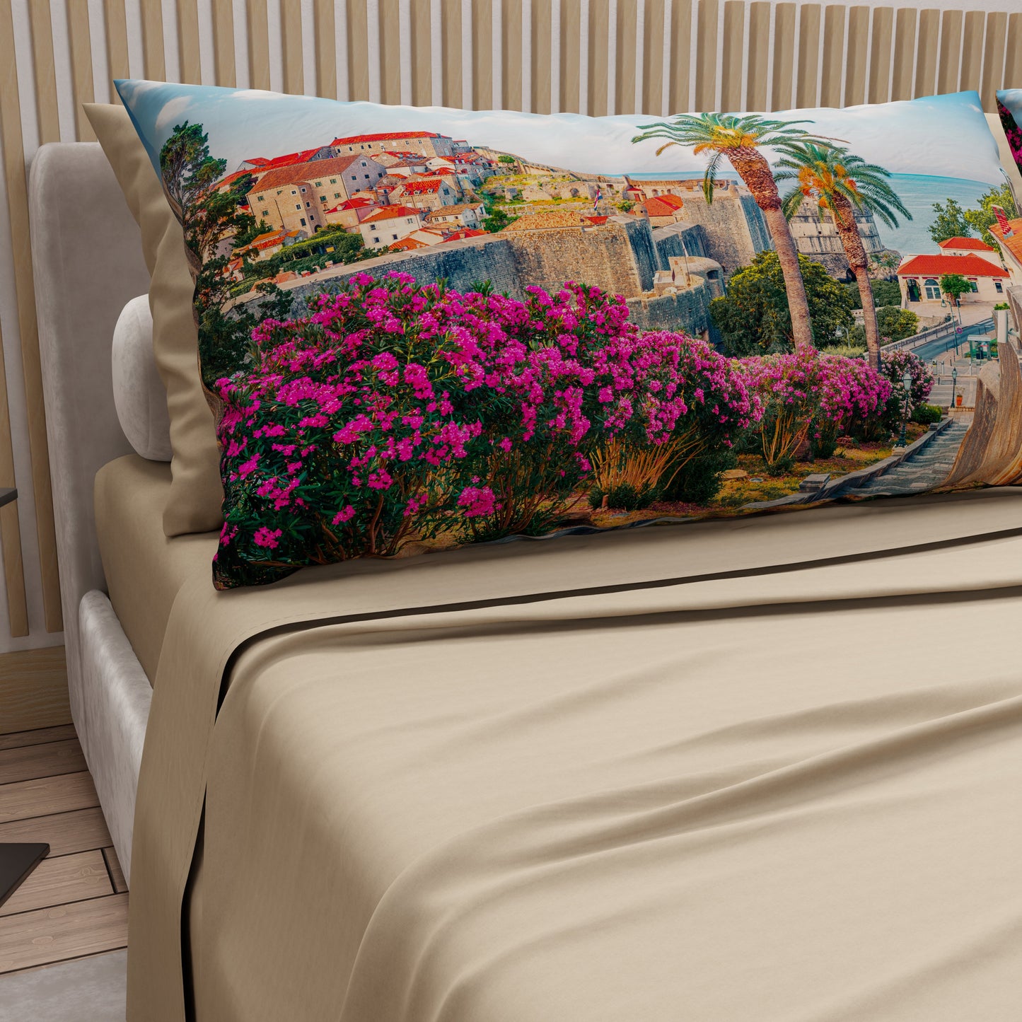 Lenzuola in Cotone, Completo Letto con Federe in Stampa Digitale Croazia Beige