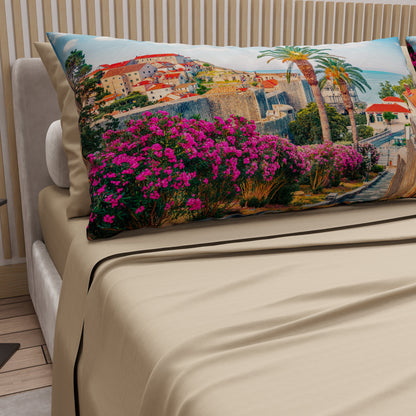 Lenzuola in Cotone, Completo Letto con Federe in Stampa Digitale Croazia Beige