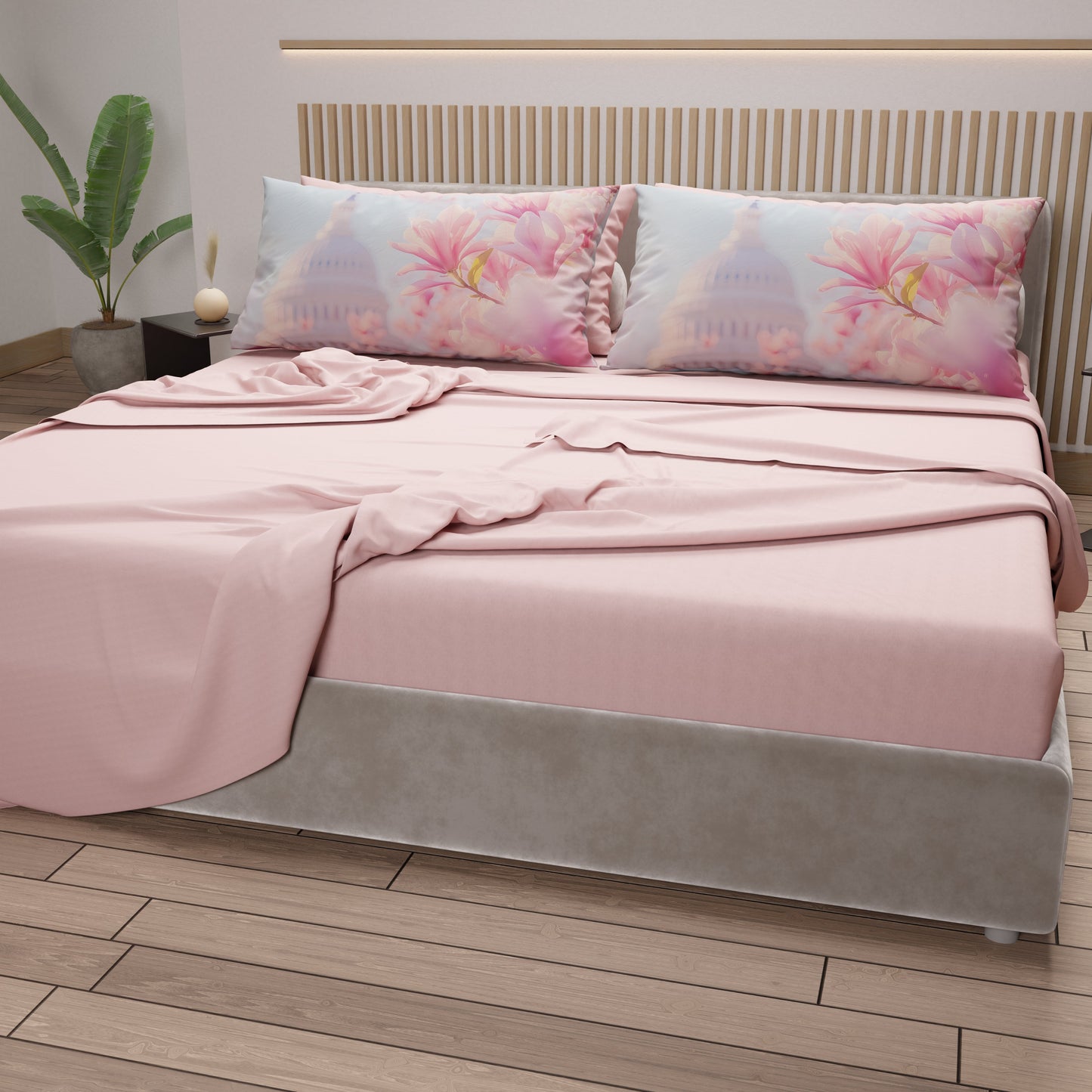 Lenzuola in Cotone, Completo Letto con Federe in Stampa Digitale Dublino Cipria Chiaro