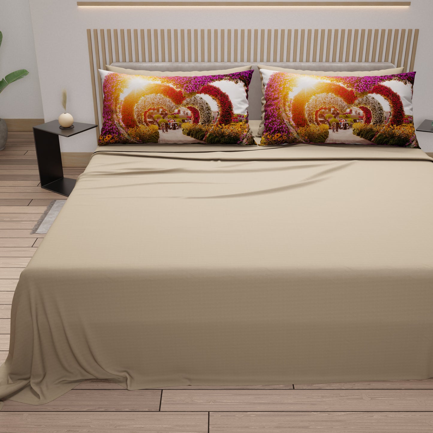 Lenzuola in Cotone, Completo Letto con Federe in Stampa Digitale Dubai Beige