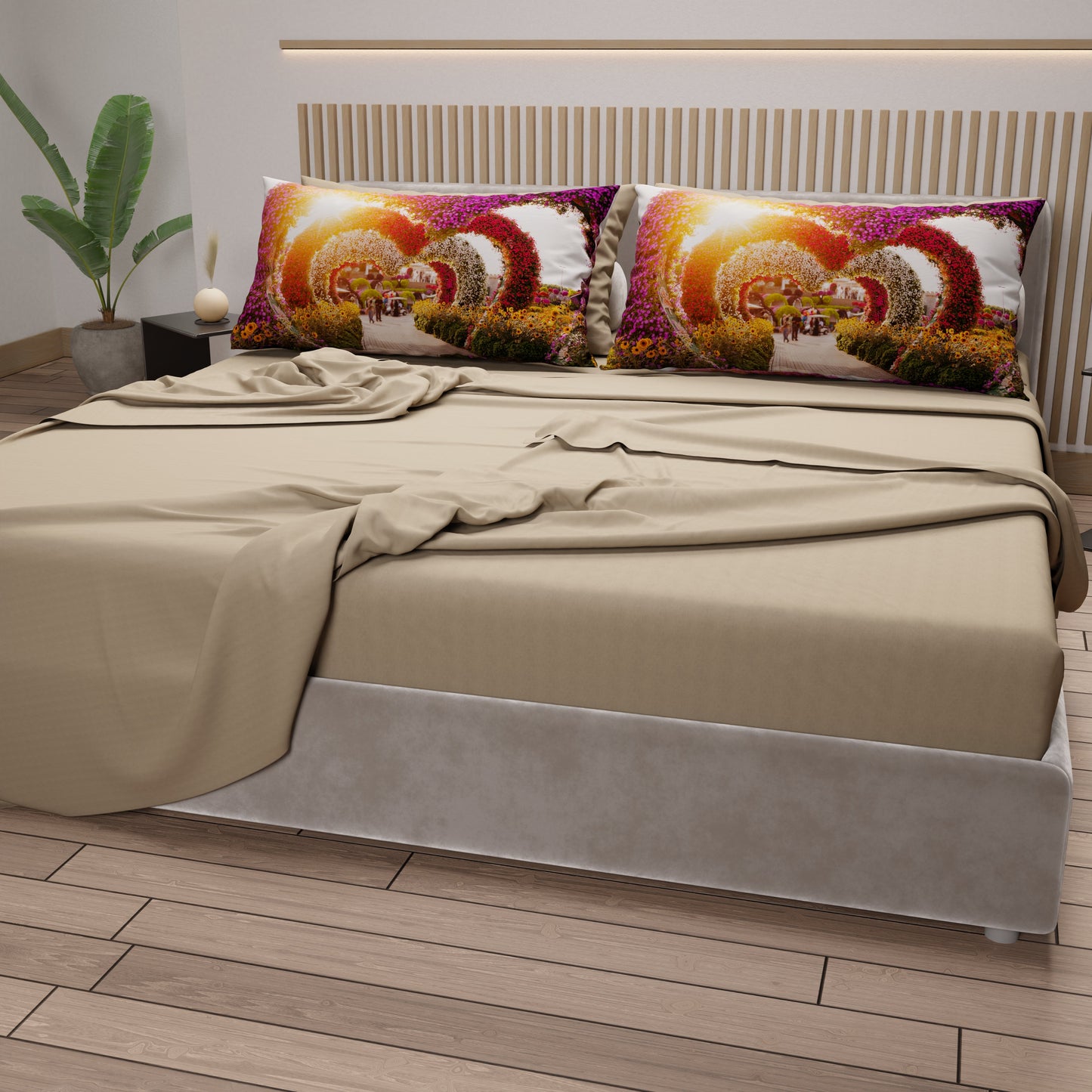 Lenzuola in Cotone, Completo Letto con Federe in Stampa Digitale Dubai Beige