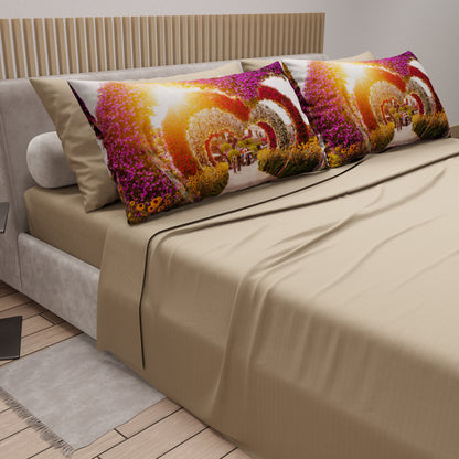 Lenzuola in Cotone, Completo Letto con Federe in Stampa Digitale Dubai Beige