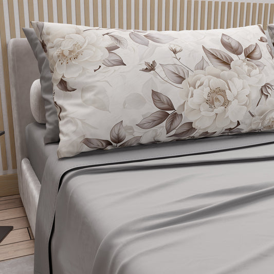 Lenzuola in Cotone, Completo Letto con Federe in Stampa Digitale Floreale 04-133 Grigio Chiaro