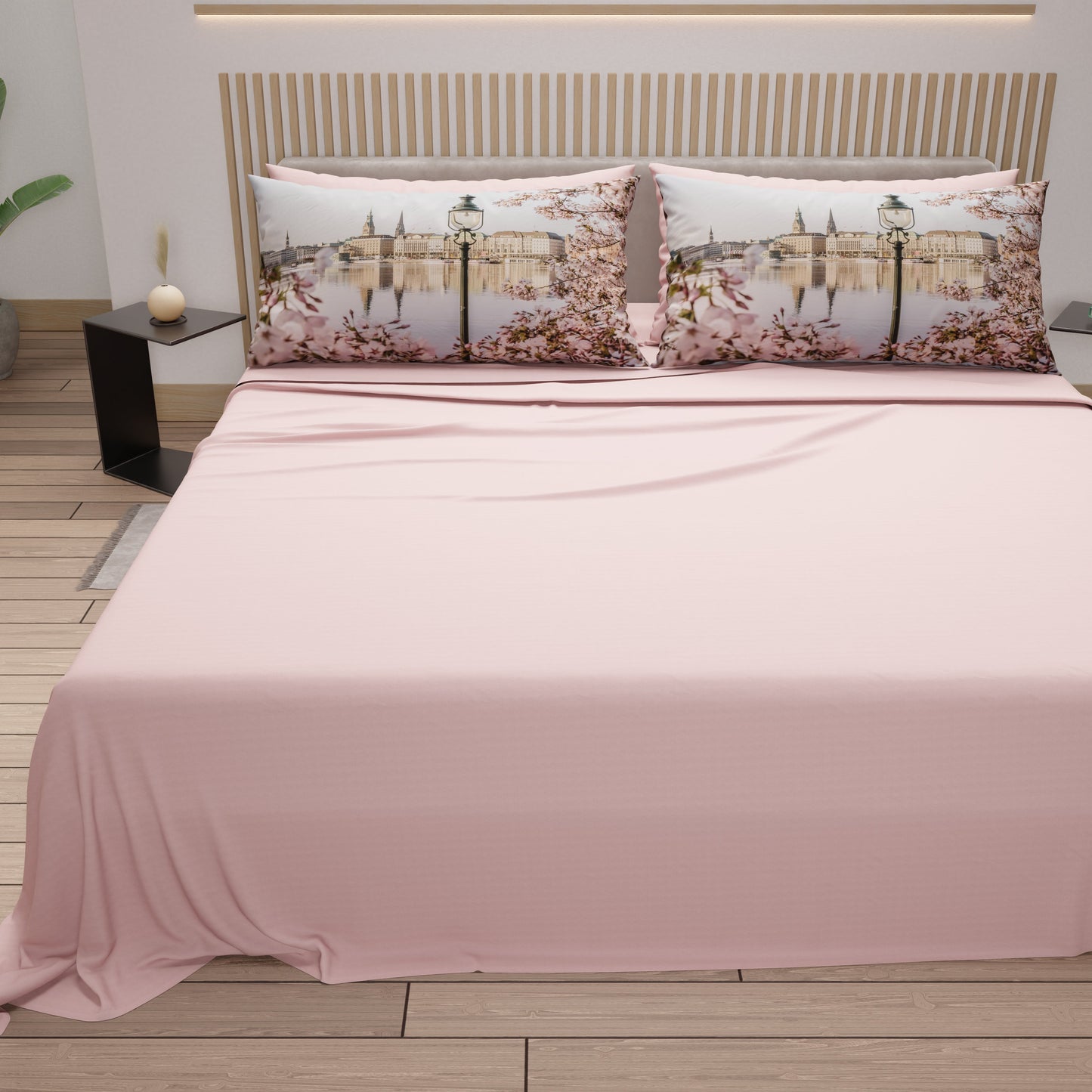 Lenzuola in Cotone, Completo Letto con Federe in Stampa Digitale Germania Cipria Chiaro