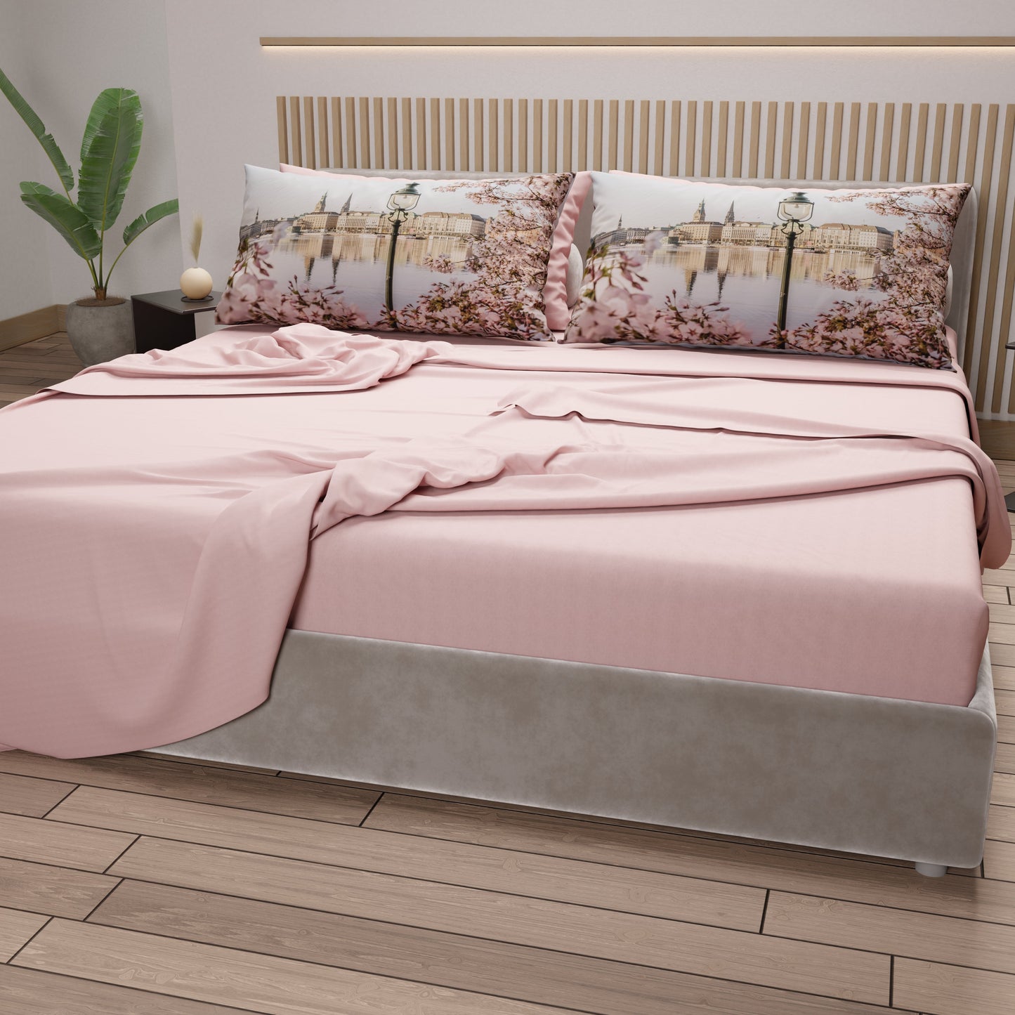 Lenzuola in Cotone, Completo Letto con Federe in Stampa Digitale Germania Cipria Chiaro