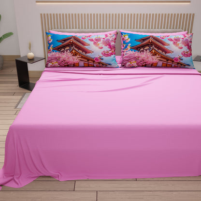 Lenzuola in Cotone, Completo Letto con Federe in Stampa Digitale Giappone Rosa