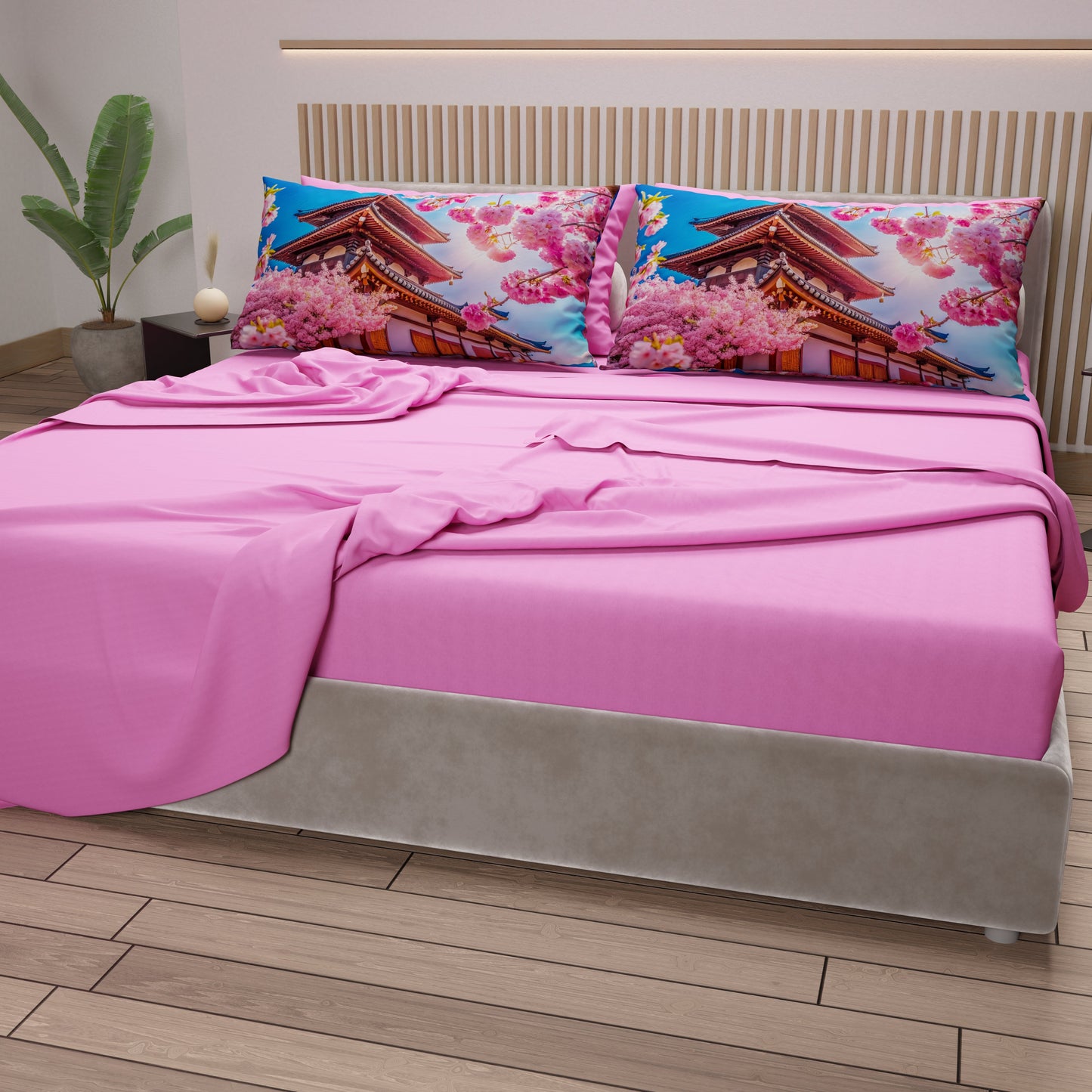 Lenzuola in Cotone, Completo Letto con Federe in Stampa Digitale Giappone Rosa