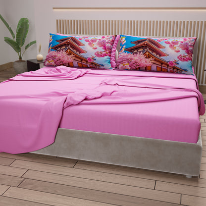 Lenzuola in Cotone, Completo Letto con Federe in Stampa Digitale Giappone Rosa
