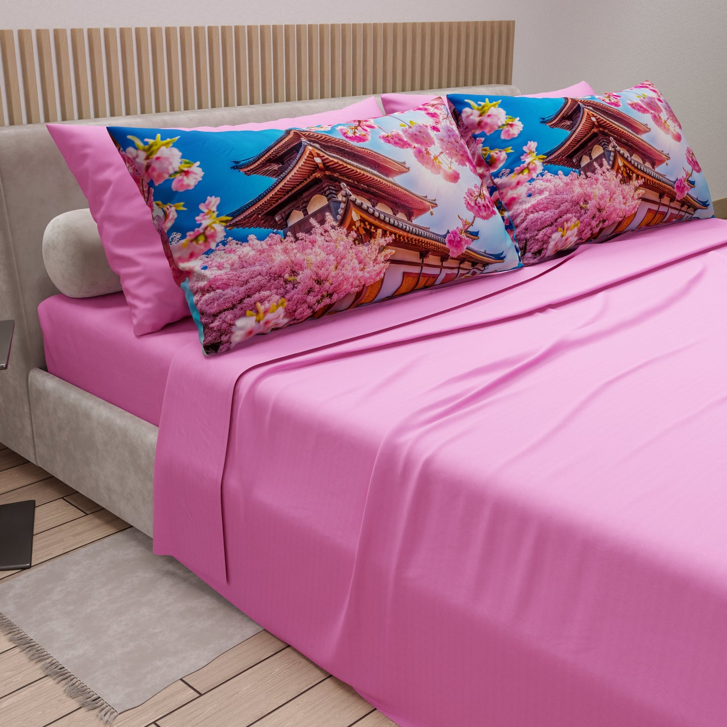 Lenzuola in Cotone, Completo Letto con Federe in Stampa Digitale Giappone Rosa