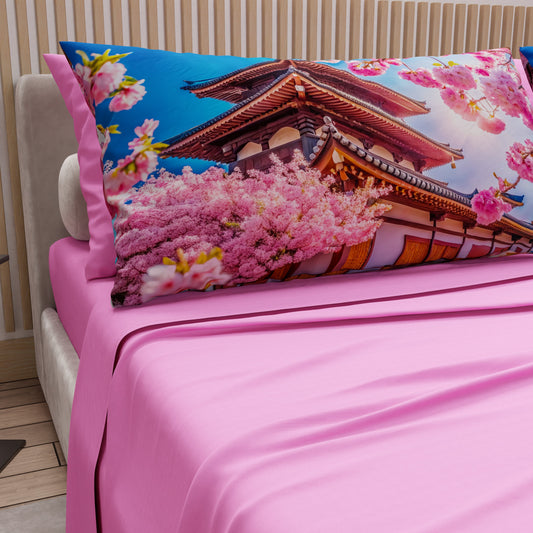 Lenzuola in Cotone, Completo Letto con Federe in Stampa Digitale Giappone Rosa