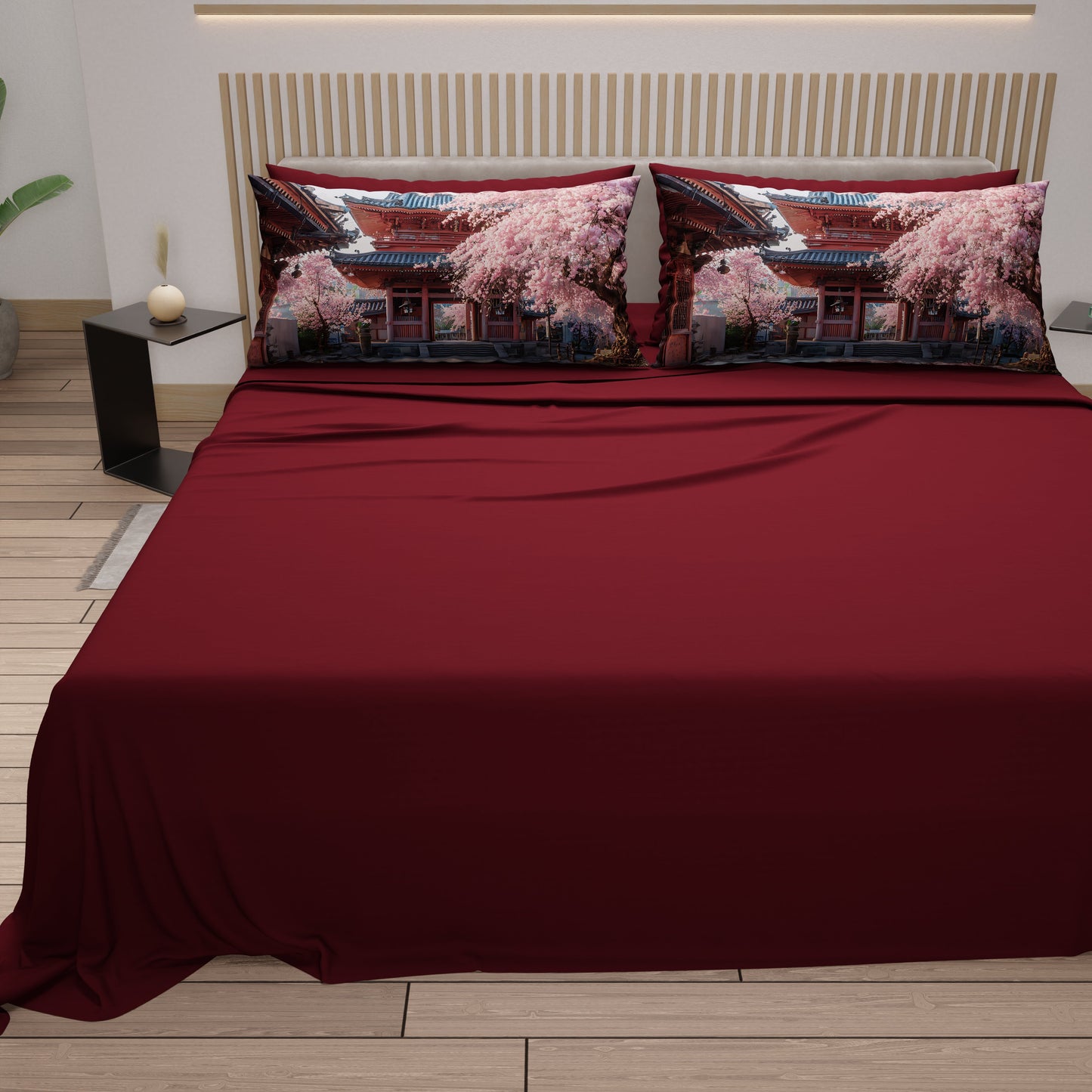 Lenzuola in Cotone, Completo Letto con Federe in Stampa Digitale Giappone01 Bordeaux