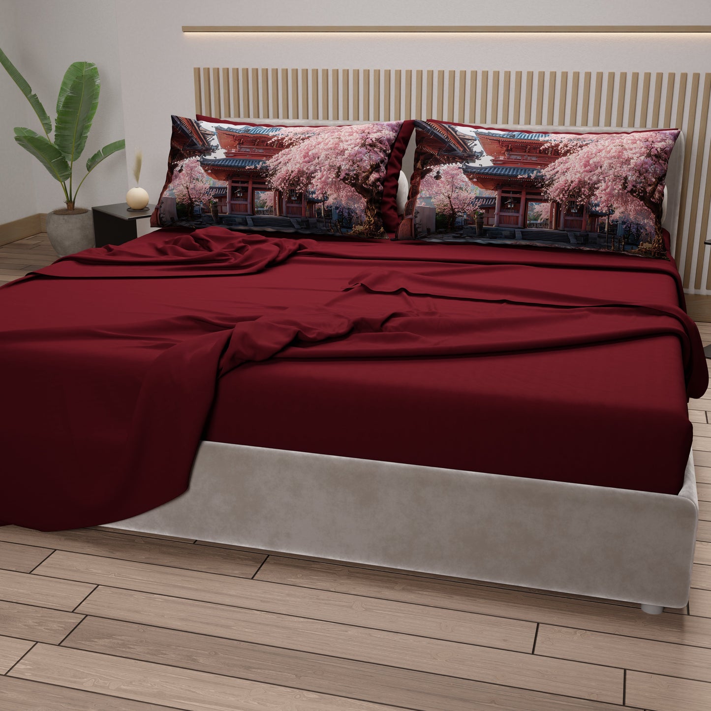 Lenzuola in Cotone, Completo Letto con Federe in Stampa Digitale Giappone01 Bordeaux