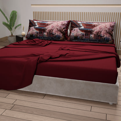 Lenzuola in Cotone, Completo Letto con Federe in Stampa Digitale Giappone01 Bordeaux