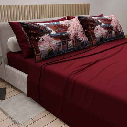Lenzuola in Cotone, Completo Letto con Federe in Stampa Digitale Giappone01 Bordeaux