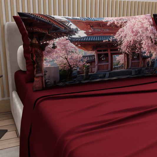 Lenzuola in Cotone, Completo Letto con Federe in Stampa Digitale Giappone01 Bordeaux
