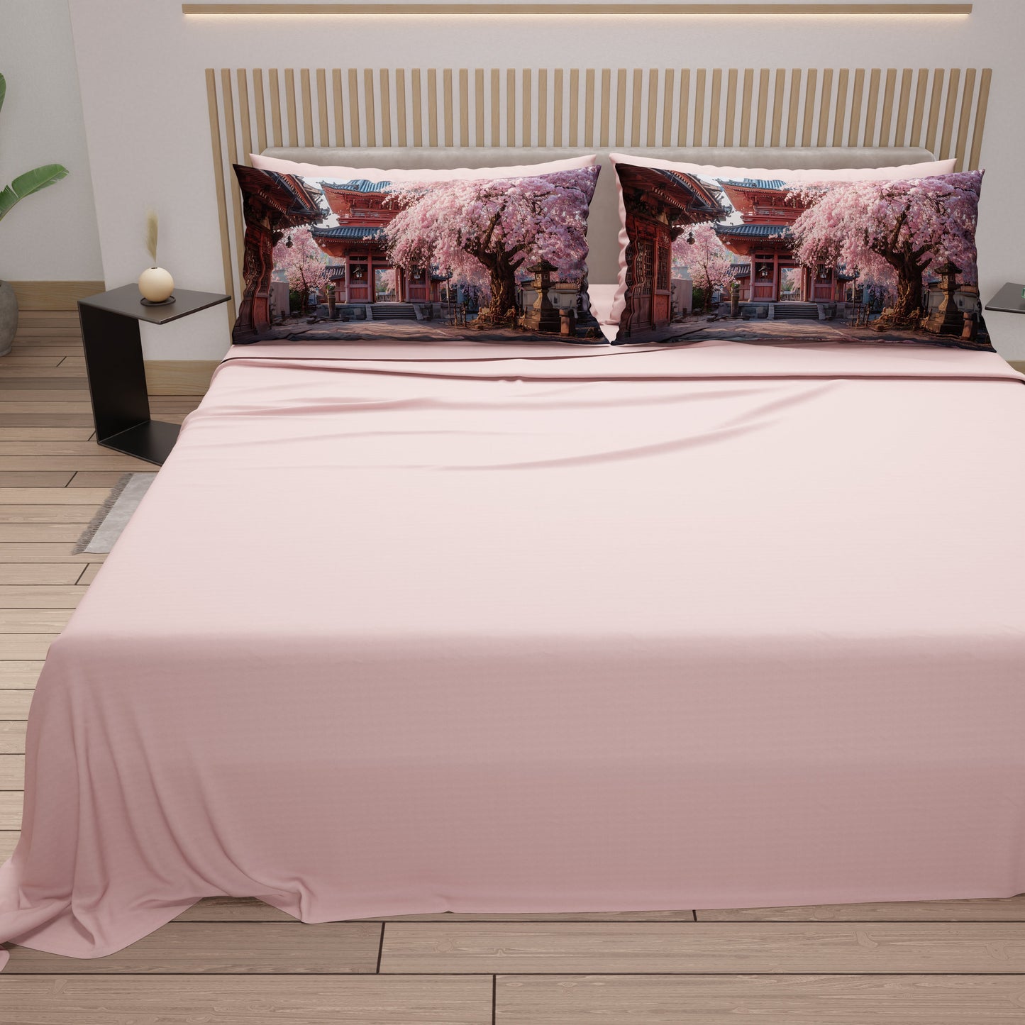 Lenzuola in Cotone, Completo Letto con Federe in Stampa Digitale Giappone01 Cipria Chiaro