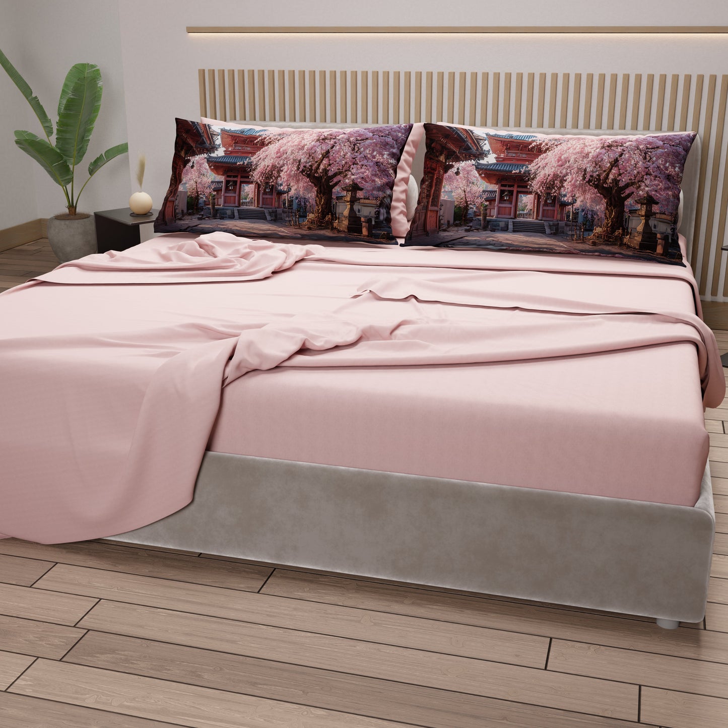 Lenzuola in Cotone, Completo Letto con Federe in Stampa Digitale Giappone01 Cipria Chiaro