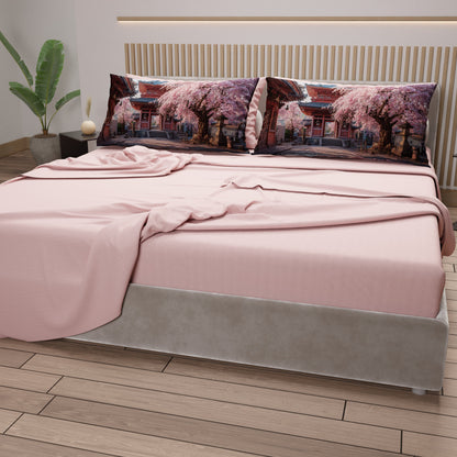 Lenzuola in Cotone, Completo Letto con Federe in Stampa Digitale Giappone01 Cipria Chiaro