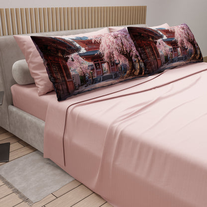 Lenzuola in Cotone, Completo Letto con Federe in Stampa Digitale Giappone01 Cipria Chiaro