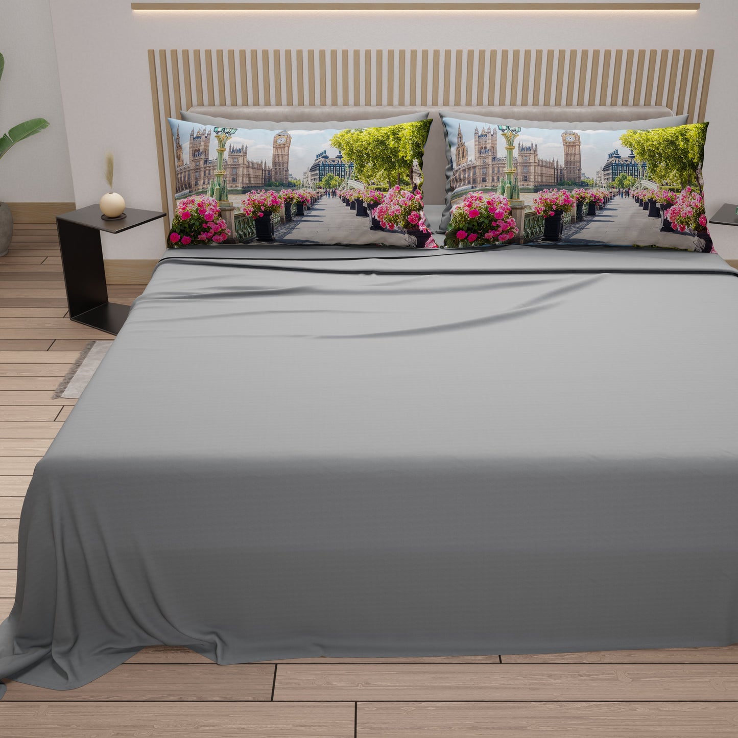 Lenzuola in Cotone, Completo Letto con Federe in Stampa Digitale Londra Grigio Chiaro