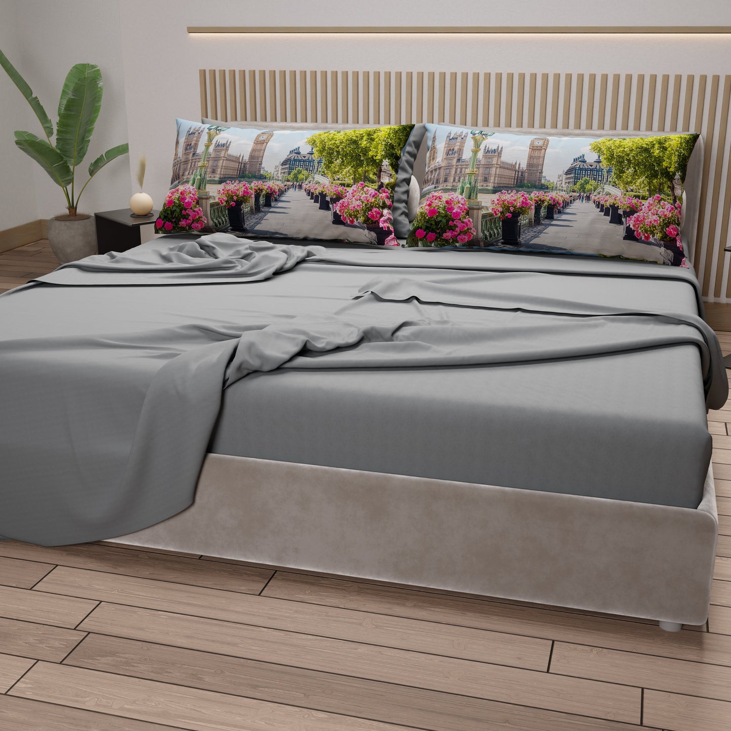 Lenzuola in Cotone, Completo Letto con Federe in Stampa Digitale Londra Grigio Chiaro