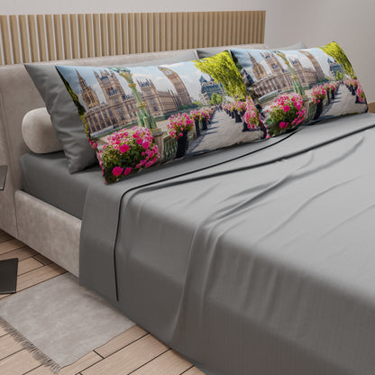 Lenzuola in Cotone, Completo Letto con Federe in Stampa Digitale Londra Grigio Chiaro