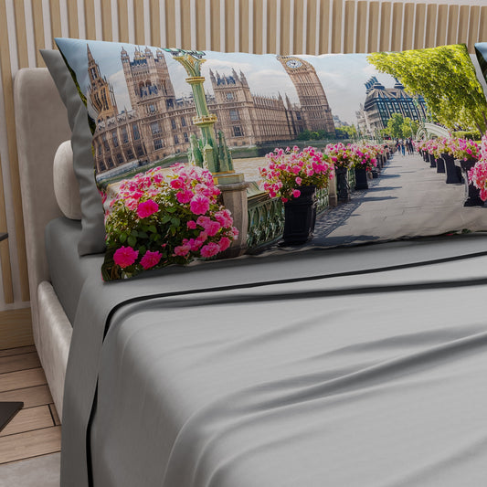 Lenzuola in Cotone, Completo Letto con Federe in Stampa Digitale Londra Grigio Chiaro