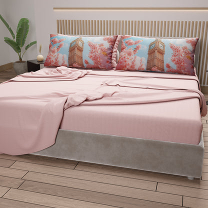 Lenzuola in Cotone, Completo Letto con Federe in Stampa Digitale Londra01 Cipria Chiaro