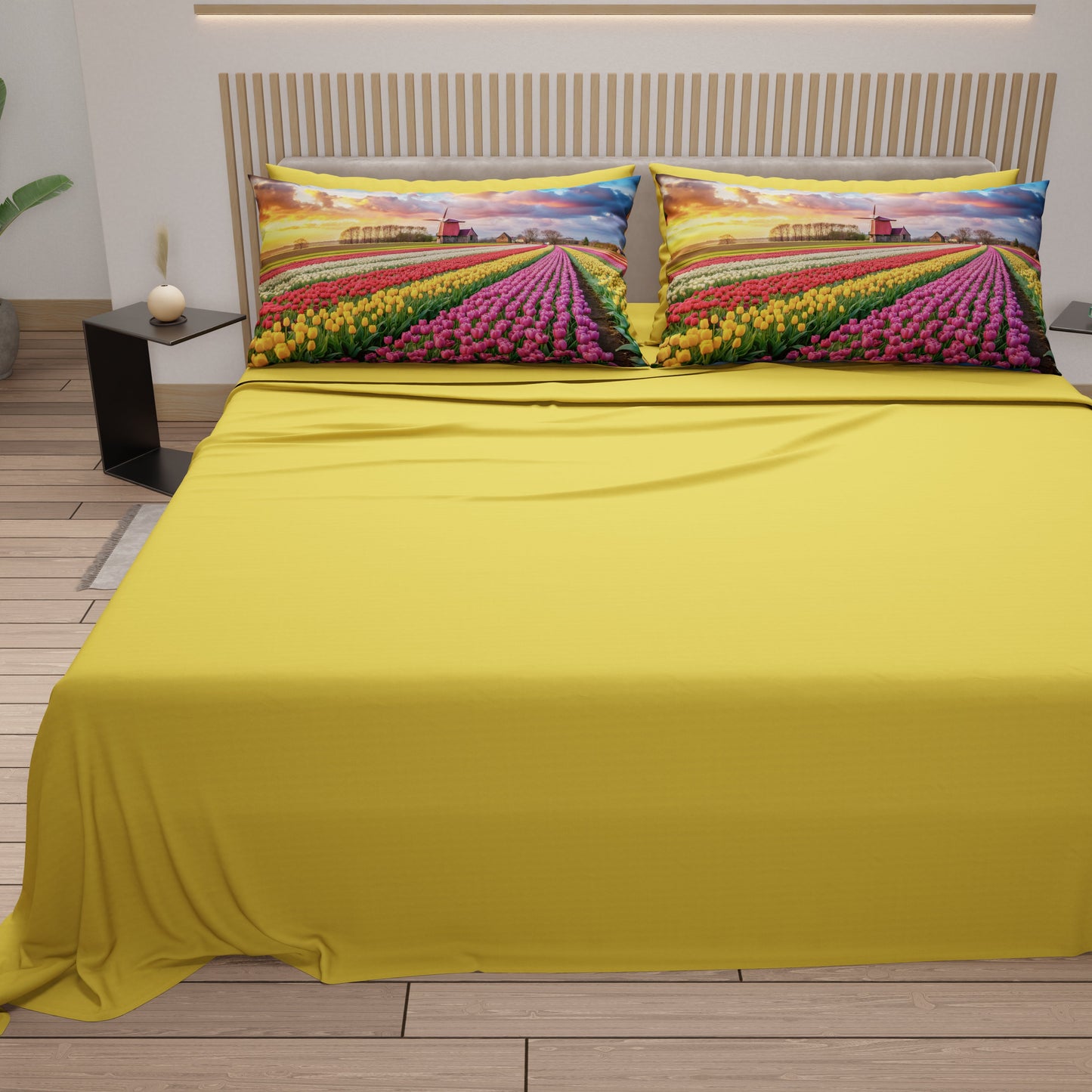 Lenzuola in Cotone, Completo Letto con Federe in Stampa Digitale Olanda Giallo