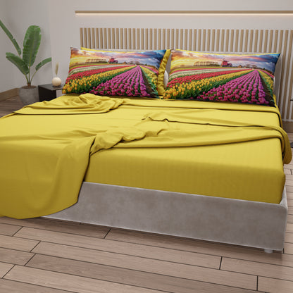Lenzuola in Cotone, Completo Letto con Federe in Stampa Digitale Olanda Giallo