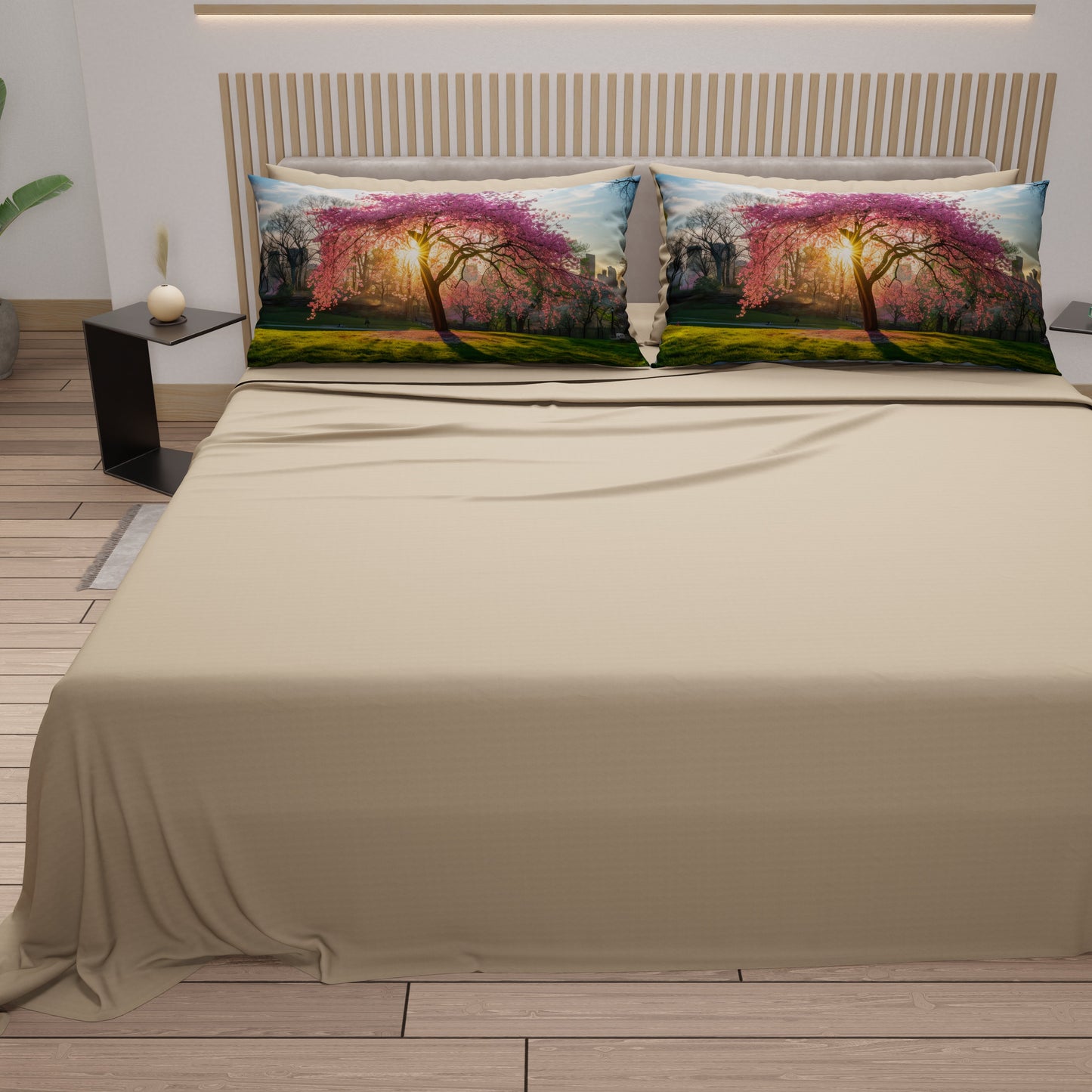 Lenzuola in Cotone, Completo Letto con Federe in Stampa Digitale Manhattan Beige