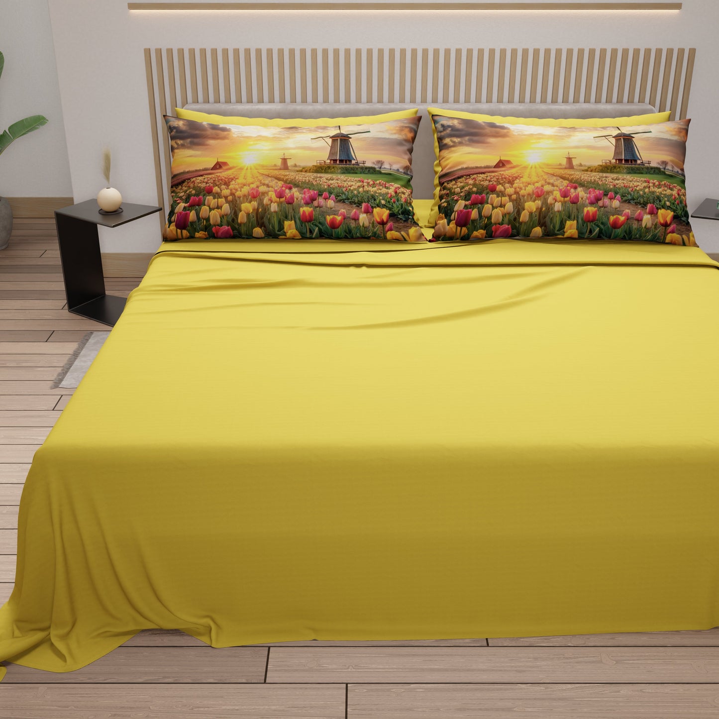 Lenzuola in Cotone, Completo Letto con Federe in Stampa Digitale Olanda02 Giallo